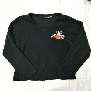 Vtg Disney Mickey Mouse Pullover Fleece V-Neck Sweater Black Spellout Women's XL